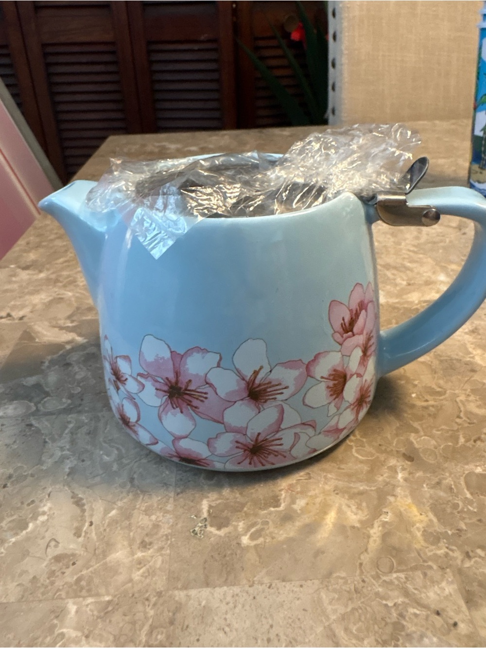 Source Unknown Light Blue Ceramic Teapot with Pink Cherry Blossom Motif